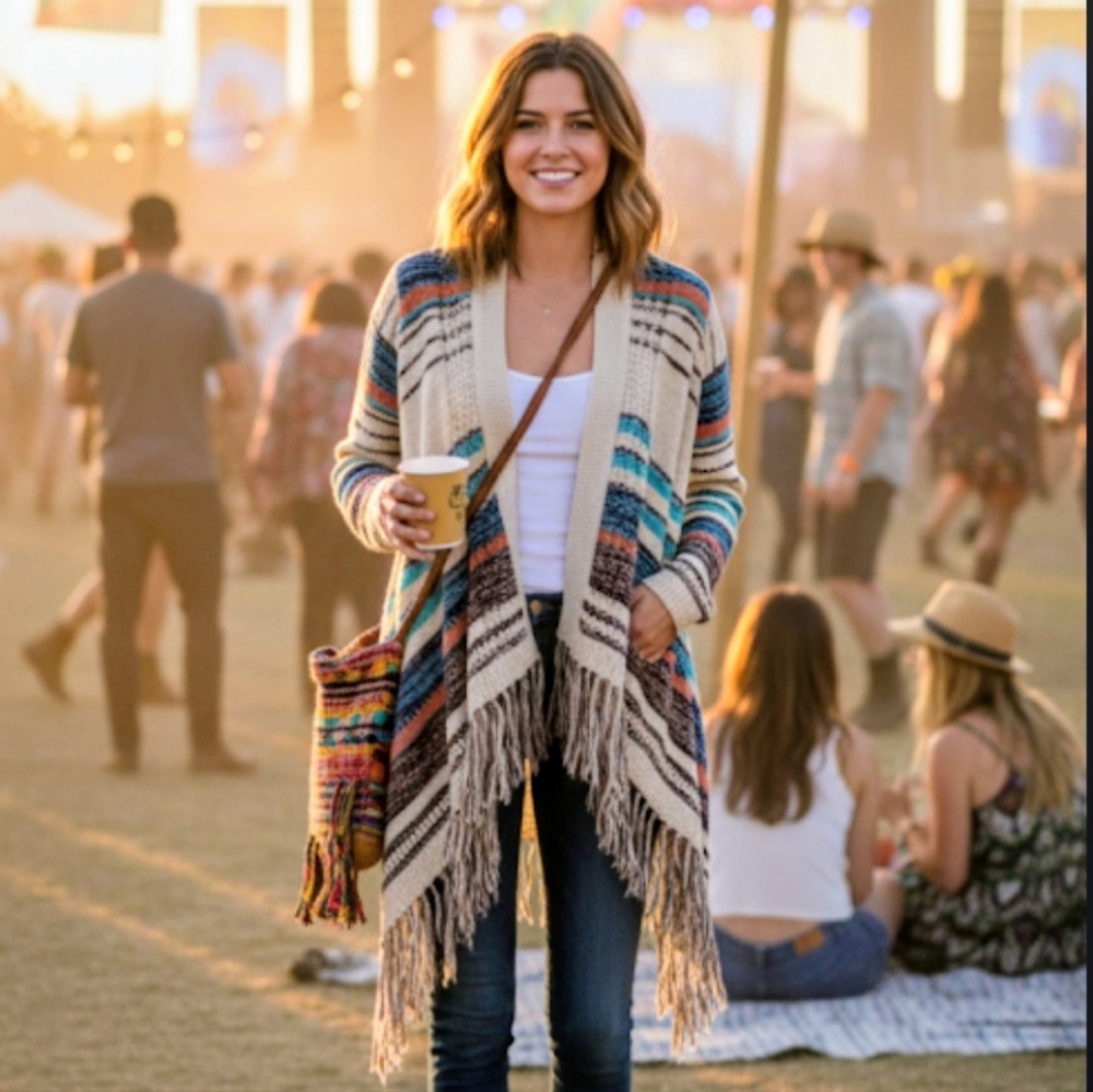 RAZZLE DAZZLE Knit Duster Womens Small BOHO Cardigan Festival Hippie Aztec‎ Wrap